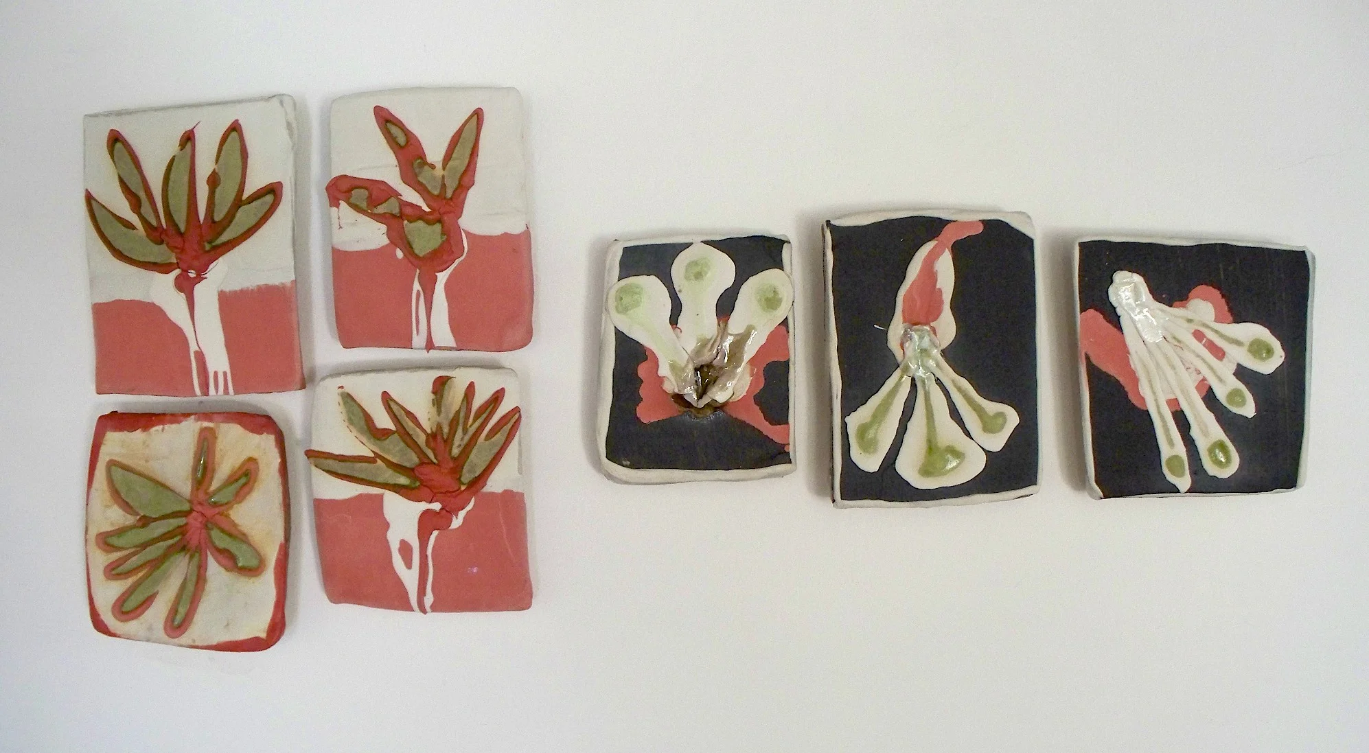 Pieced Sampler: ‘once, seed in hand’, 36"x 16" (dimensions variable), stoneware, porcelain, black clay, glass, colored slip, 2008