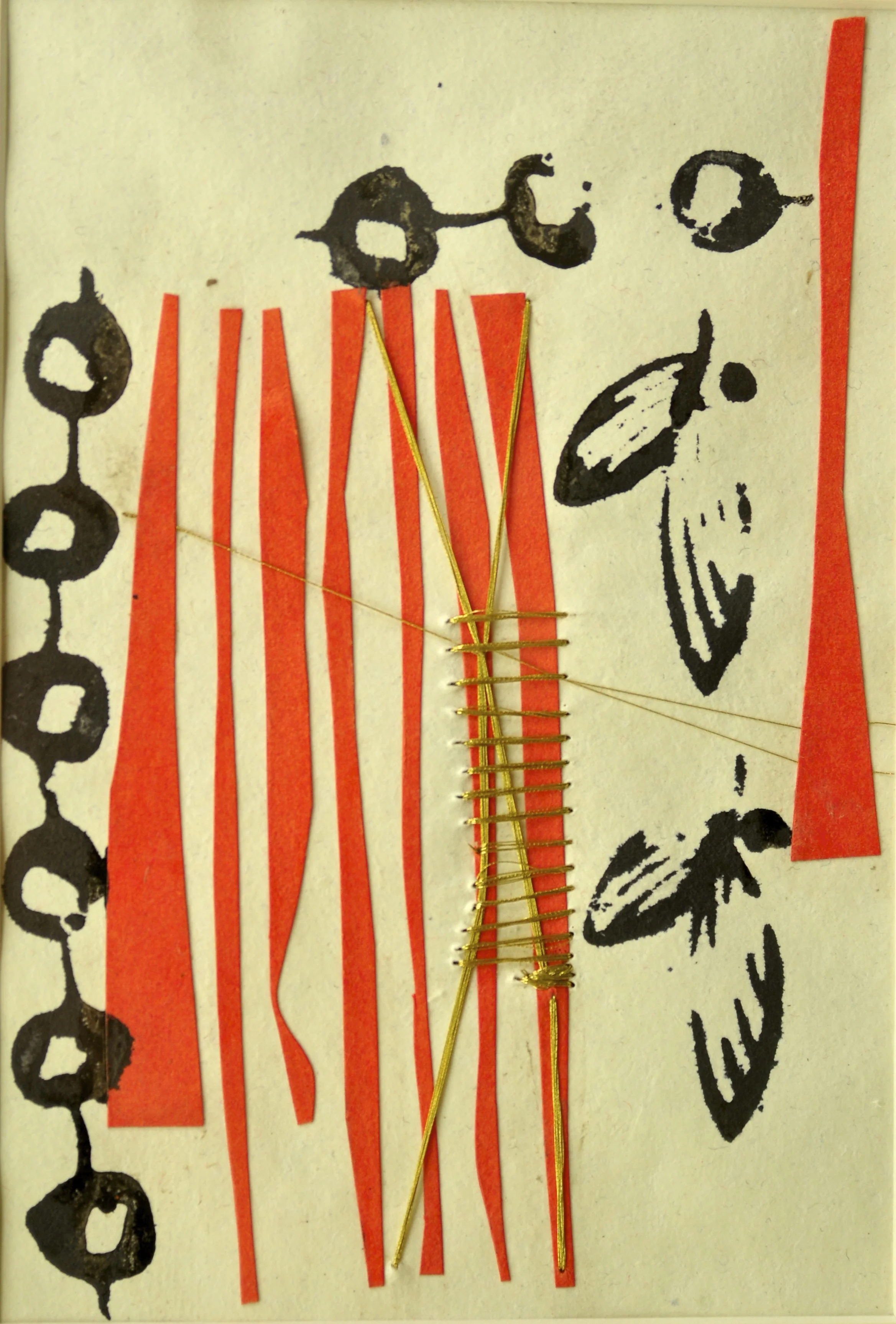 ‘Benarsi silk thread and lane’, handmade paper (Jaipur), silk thread, block print, collage, 14” x 6.5”, 2013