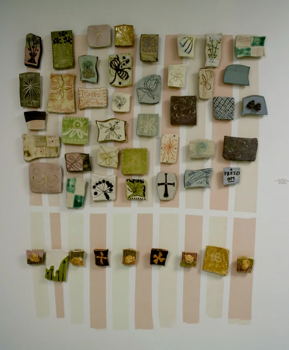 Pieced Tile Quilt #12: ‘when required to make the necessary by piecing together’, porcelain, stoneware, colored slips, glaze, glass, paint, glass, nails, cone 6 ox., cone 10 red., 6.5’ x 5’, 2007