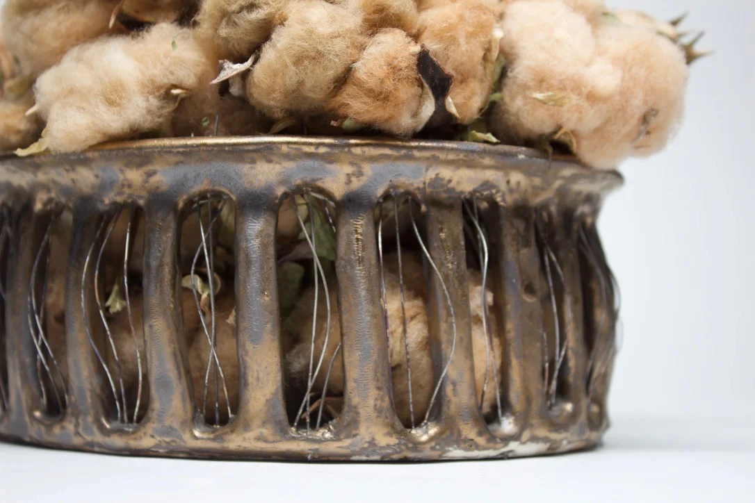 Detail - ‘from seed to hand, mine’, Stoneware, Porcelain, Black Clay Slip, Kanthal Wire, Sea Island Cotton, Cone 6 Oxidation, 2018 - Chotsani Elaine Dean