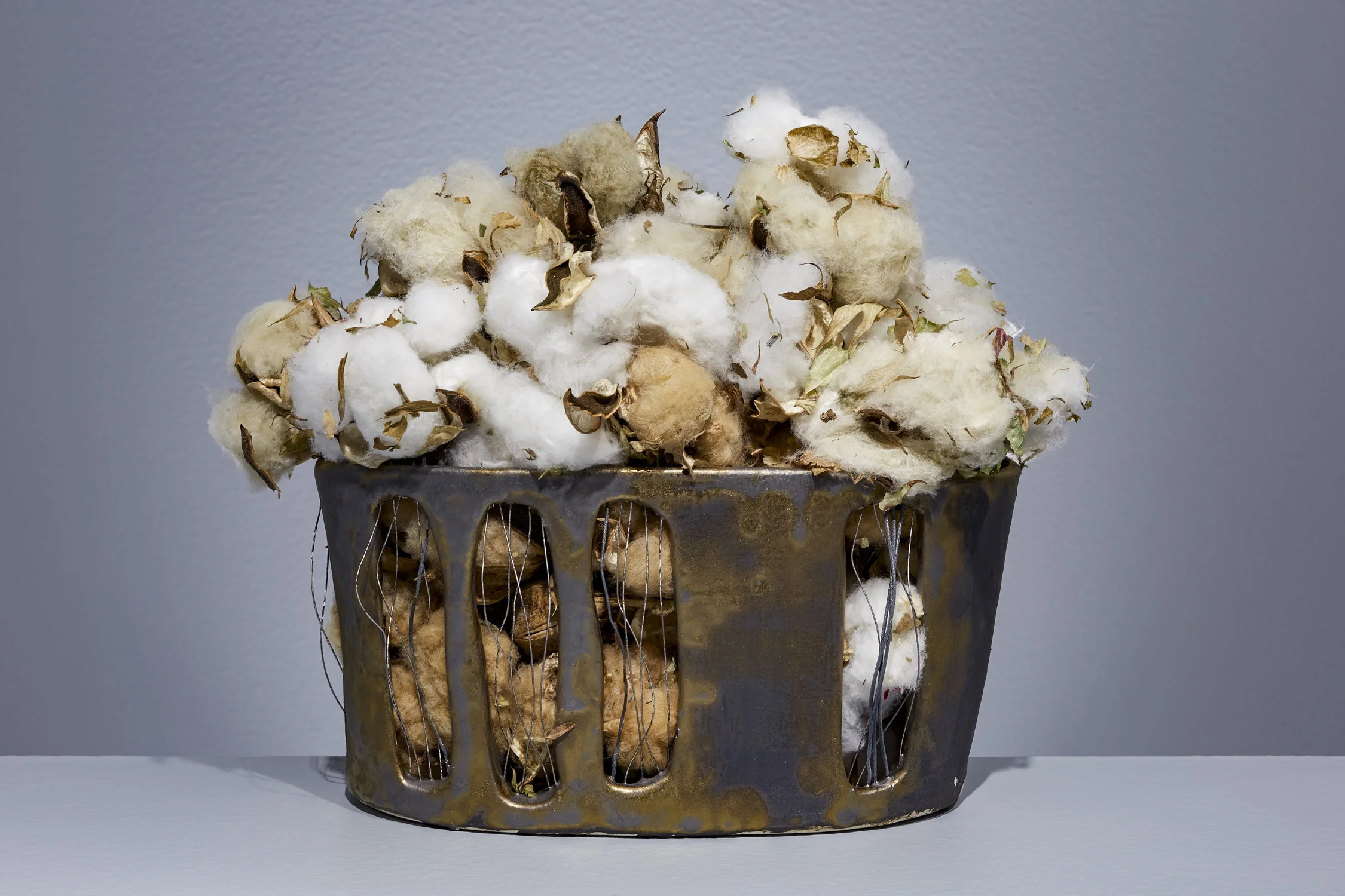 'outbid, freed without money' - porcelain, kanthal wire, cotton, cone 6 oxidation (cotton grown by artist)