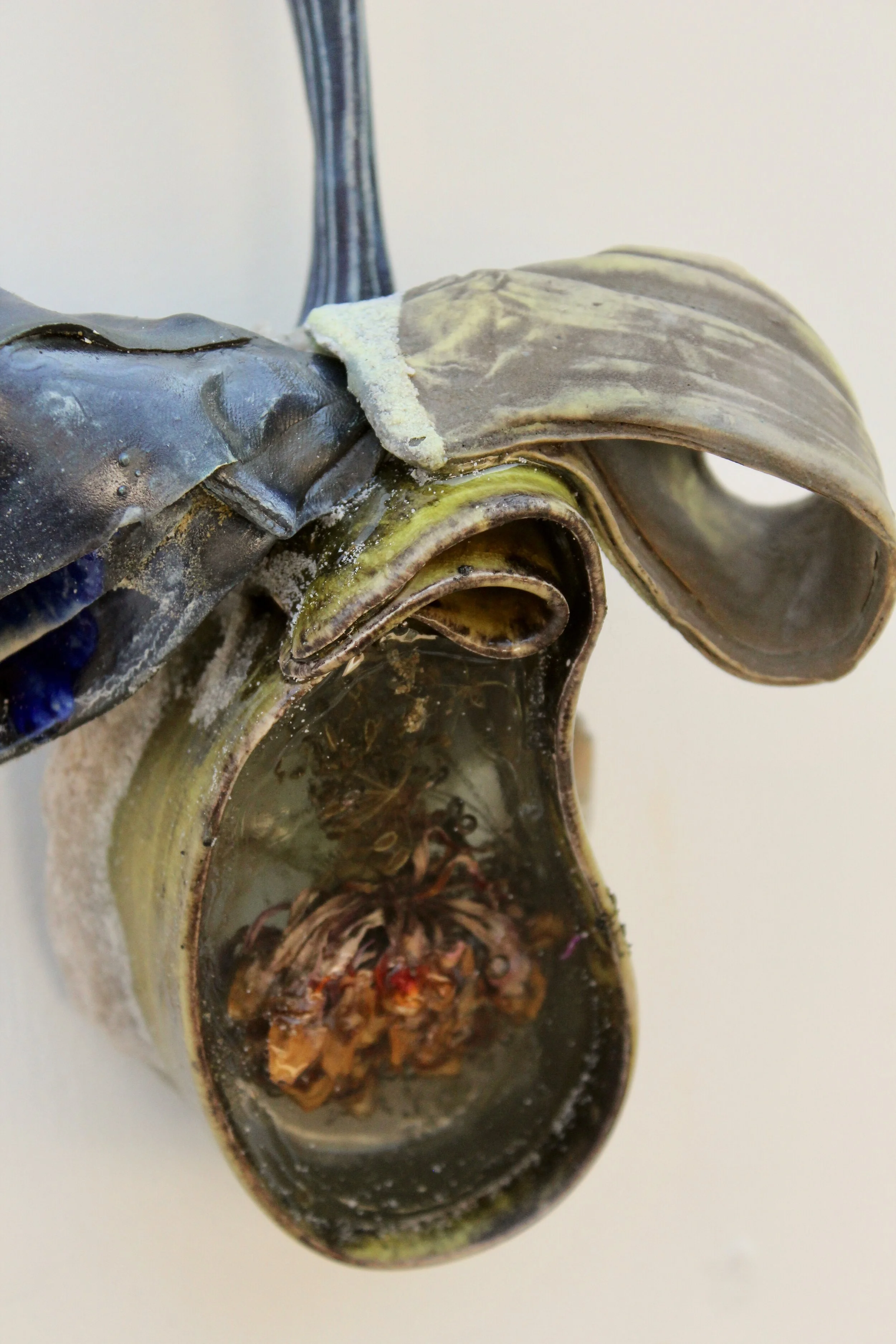 Memory Spoon: ‘the elegant parlor and special room of Harriet Forten and Robert Purvis (1810-75), (1810-1898), porcelain, paper clay, resin with embed flowers (from garden of artist), cone 6 oxidation, silica sand, black sand