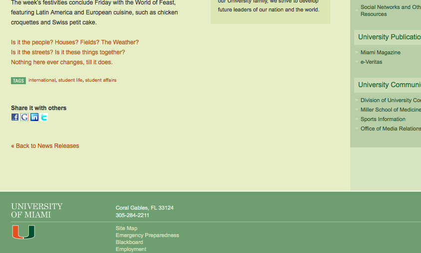 Screen shot from the University of Miami Website.