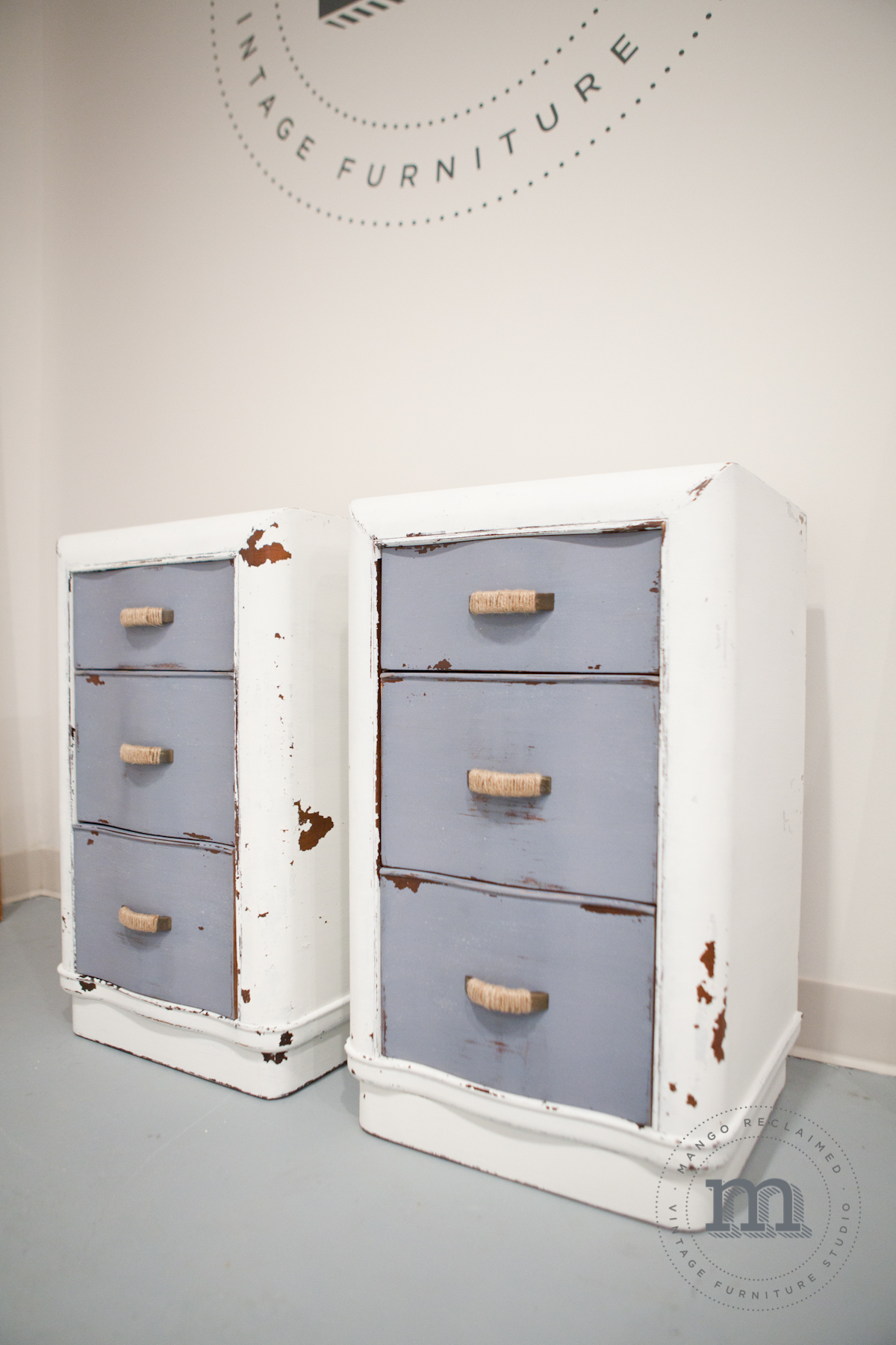 Miss Mustard Seed painted end tables - I love the way this paint gives an authentically weathered finish.