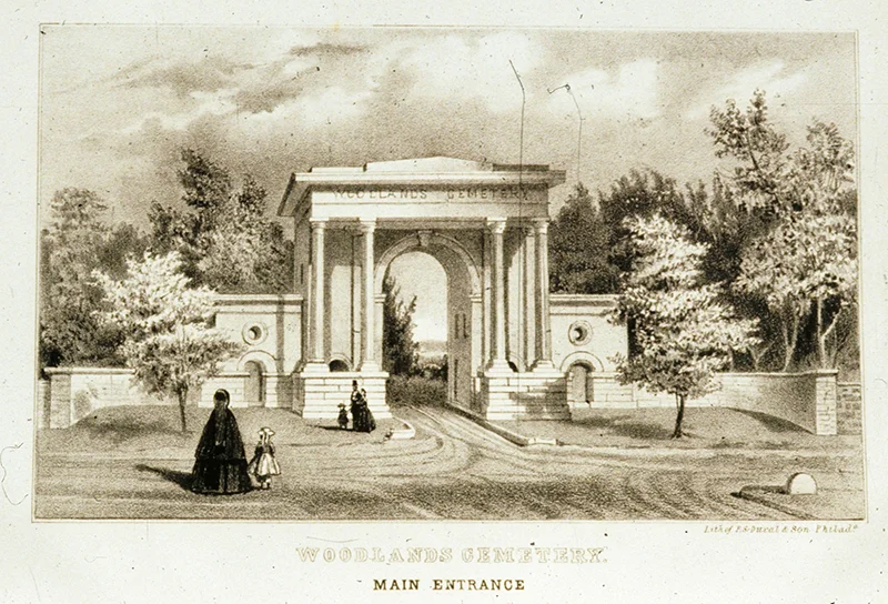 Print of the former gates to The Woodlands by James Fuller Queen (a Philadelphia lithographer), published by P.S. Duval and Son and used as the frontispiece in 1857 for The Charter, By-laws, and Regulations of the Woodlands Cemetery Company, with a List of Lot Holders.