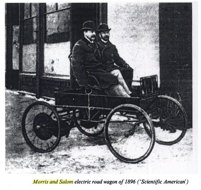 Salom and Morris in an early Electrobat (1896).