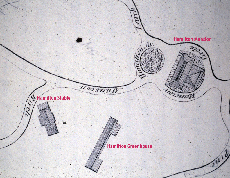 A Site Plan for The Woodlands Cemetery from 1846 depicts the location of Hamilton's greenhouse relative to the Mansion and Stable. 