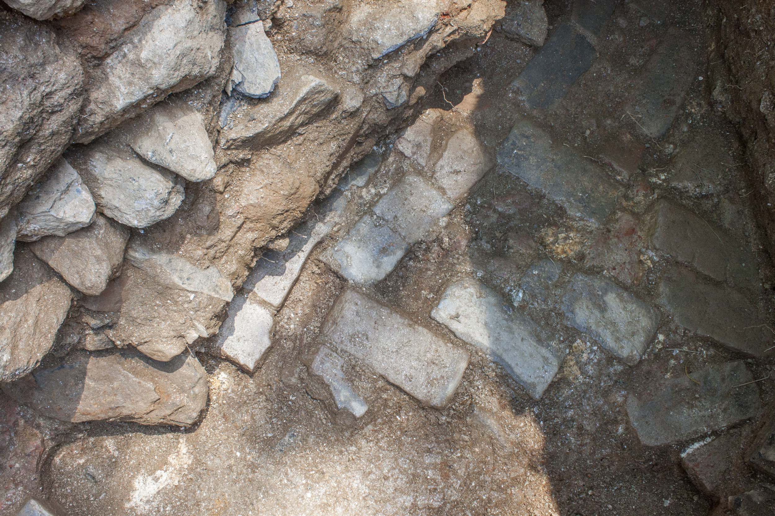 Detail of 18th century herringbone brick path.