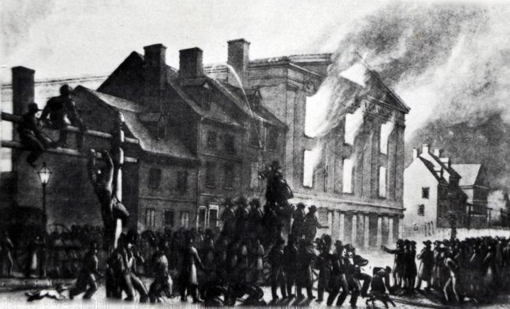 Depiction of Pennsylvania Hall which was burned to the ground by anti-black rioters on the night of May 17, 1838. The structure stood a mere three days before being burned down. 