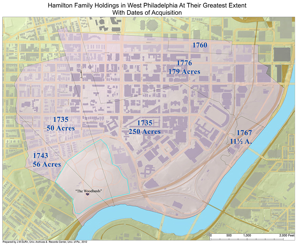 Hamilton Family Holdings in West Philadelphia at their greatest extent with dates of acquisition. Prepared by J.M. Duffin, Univ. Archives & Records Center, Univ. of Pa., 2012.