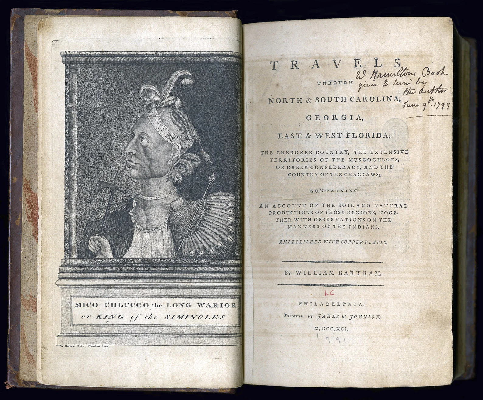 "W. Hamilton's Book given to him by the Author June 9th, 1799" is inscribed on the cover page. (Image courtesy of the Sterling Morton Library)