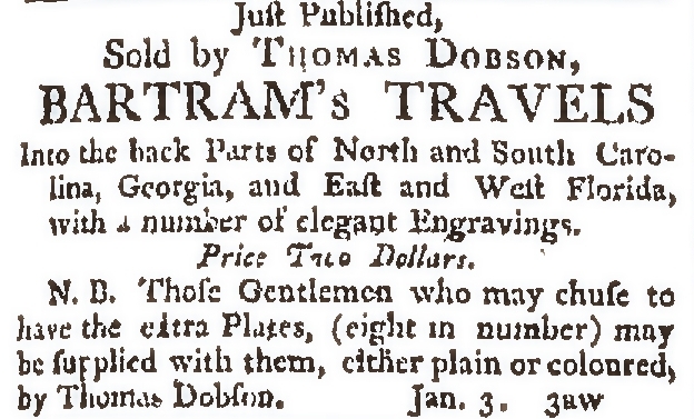 Travels as advertised in Dobson and Claypoole's Daily Advertiser, January 4, 1792. (Image courtesy of Jim Green of the Library Company of Philadelphia