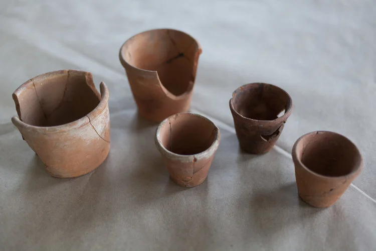 Fragments of small, hand-thrown terra cotta pots used for starting seeds found at The Woodlands. Photo: Starr Herr-Cardillo