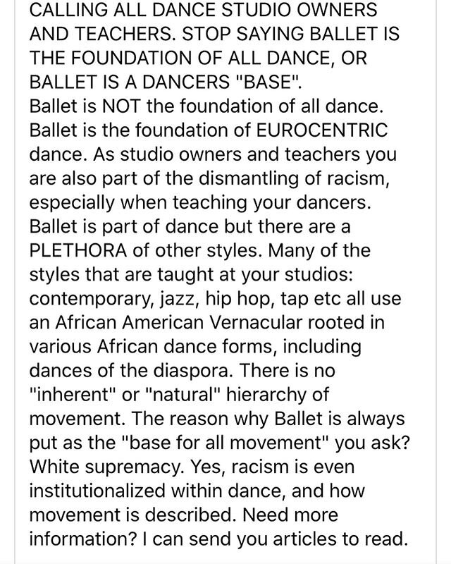 Check your racism and colonialism.  Ballet is NOT the foundation for dance. The dance world is infused with various forms of systemic racism from what types of bodies can dance certain styles to where the funding goes, what costumes/undergarments/sho