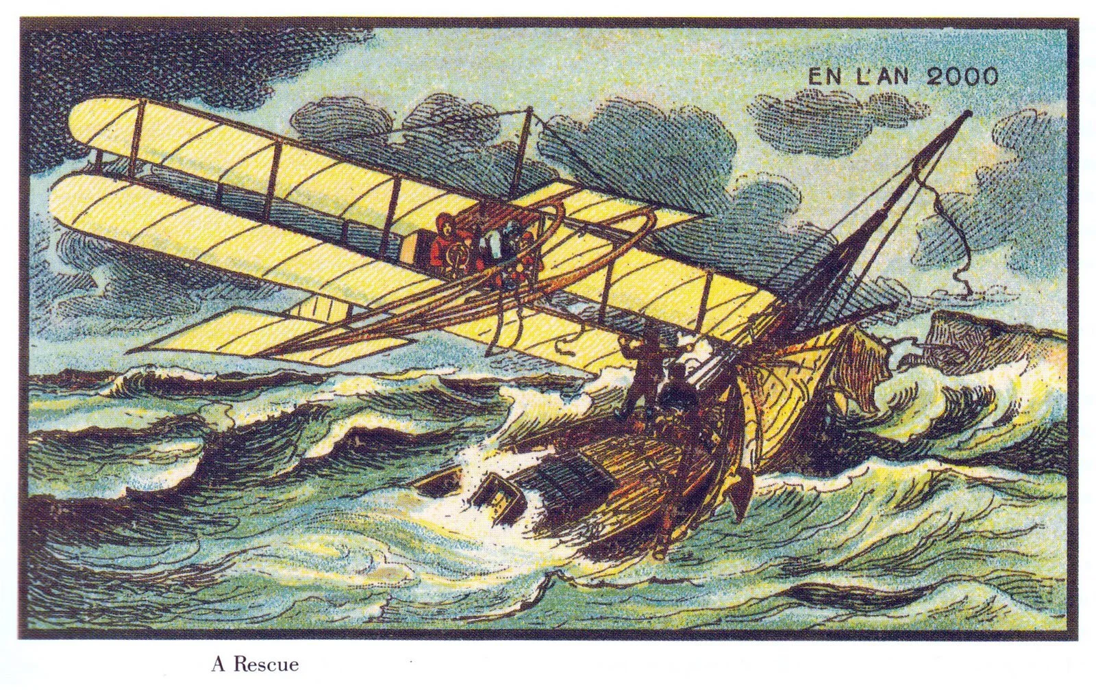 “A Rescue” is a wonderful, if impractical idea about rescue at sea. Depending on exactly when this card was drawn, the shape of the plane may have been inspired by the Wright Brother’s first heavier-than-air flying machine, the Kitty Hawk.