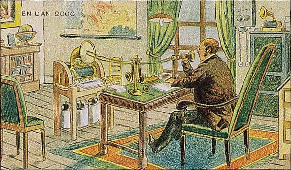 Voice dictation a hundred years or more before it became possible through early analogue / electric means. More than any other idea, it is an interesting repurposing of the equipment avaliable or just becoming available (phonograph, paper reels, phone)