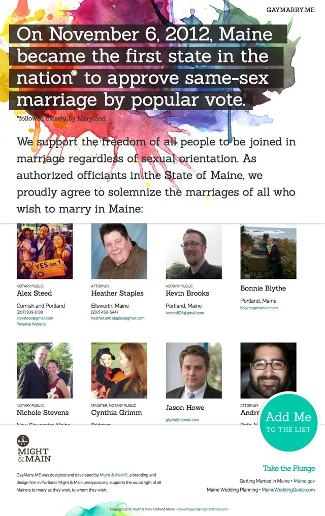 GayMarry.ME, a website designed by branding and design firm Might & Main, celebrating Maine's legalization of same-sex marriage.