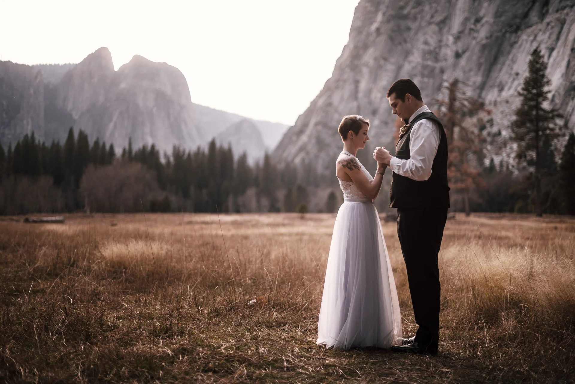 after their Yosemite elopement couple holds hands in a meadow lit by sunset