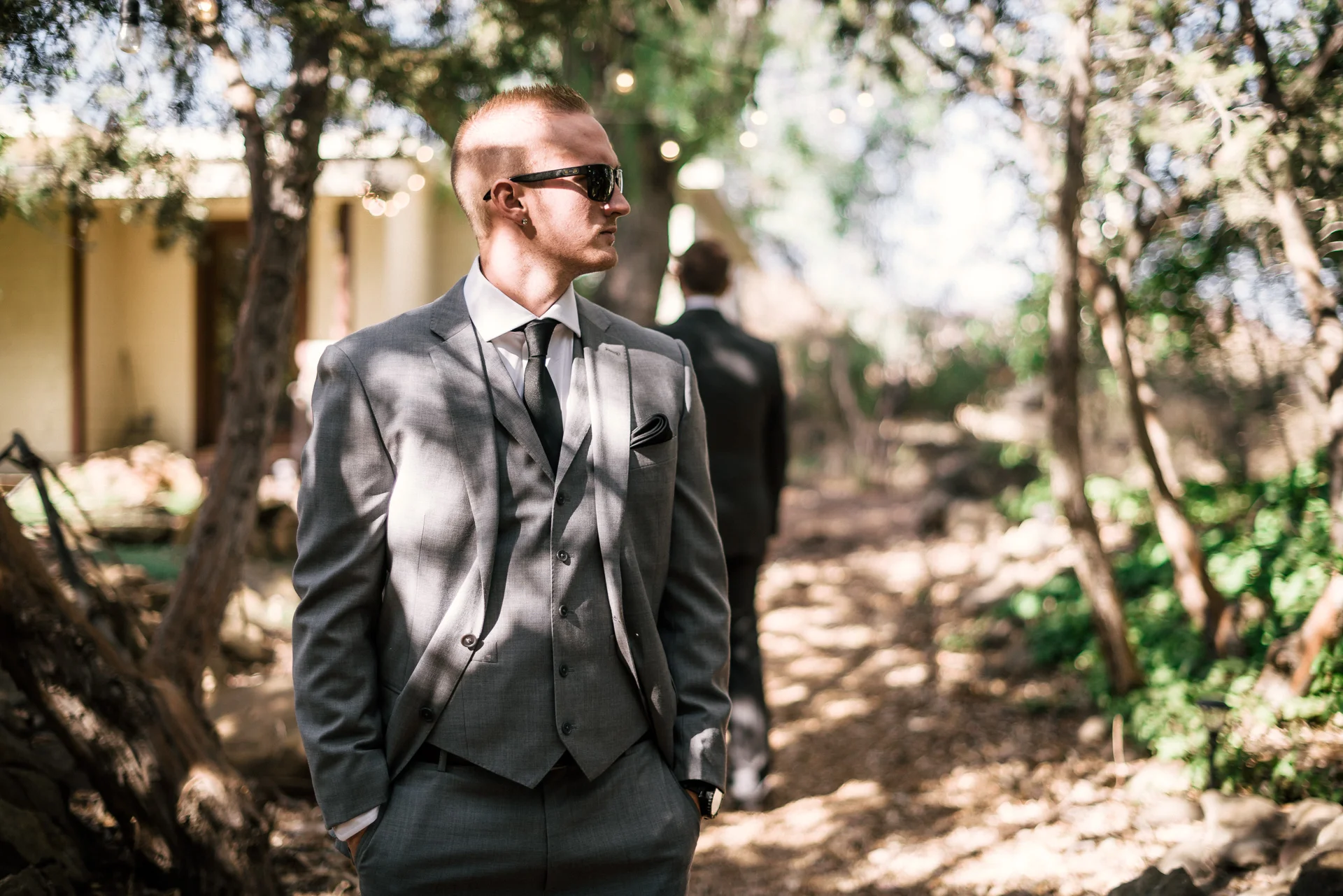 groom waits for his bride at rustic pymm ranch wedding venue in winchester california
