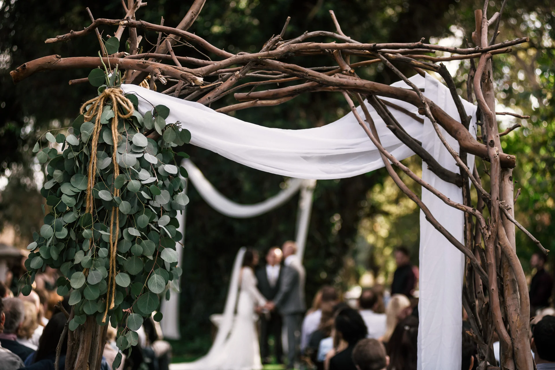 eucoplyptus and twig wedding decor at rustic pymm ranch wedding venue in winchester california