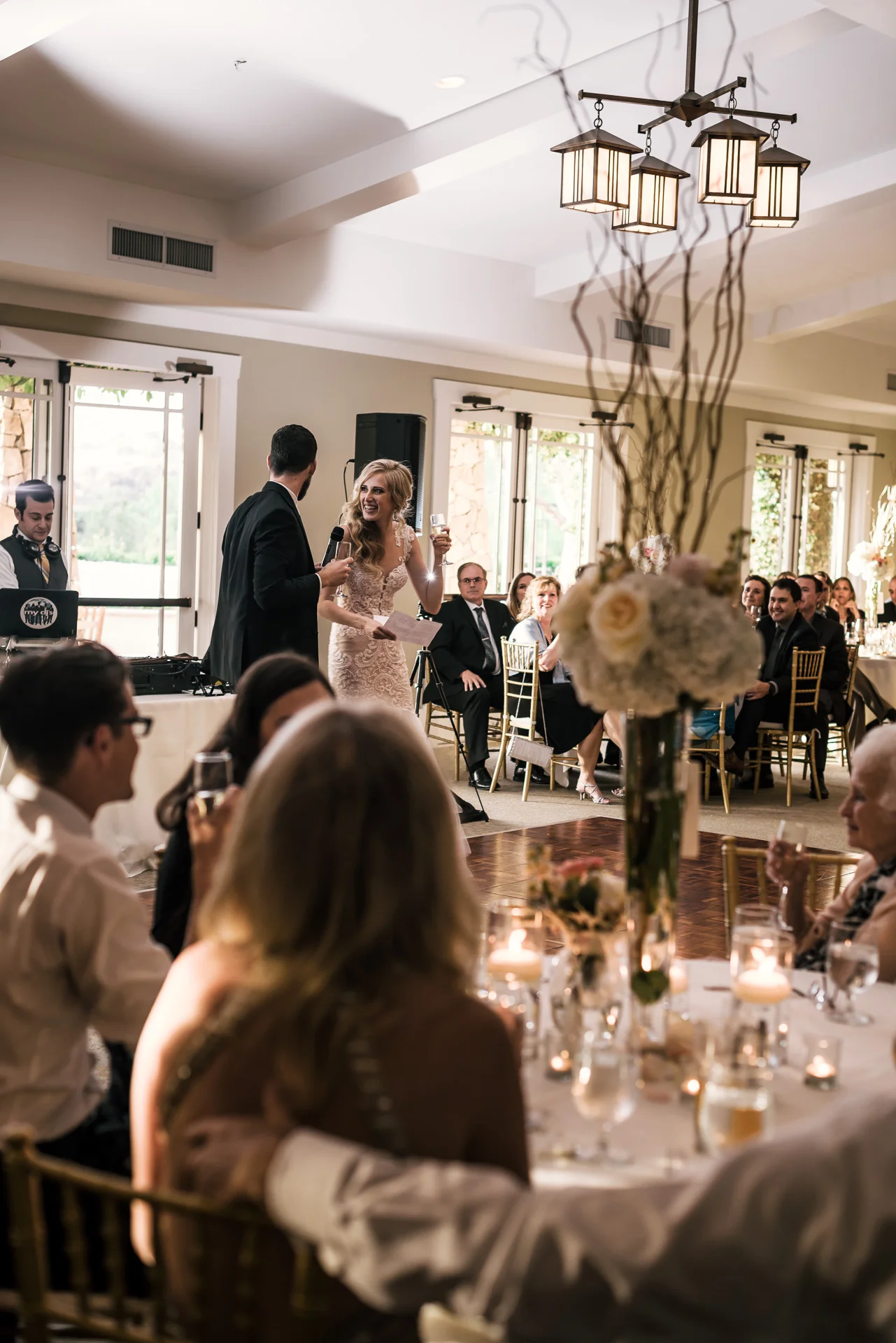 bride and groom thank their guests and give a toast at wedding reception at the Twin Oaks Golf Course in San Marcos, San Diegos premier wedding venue