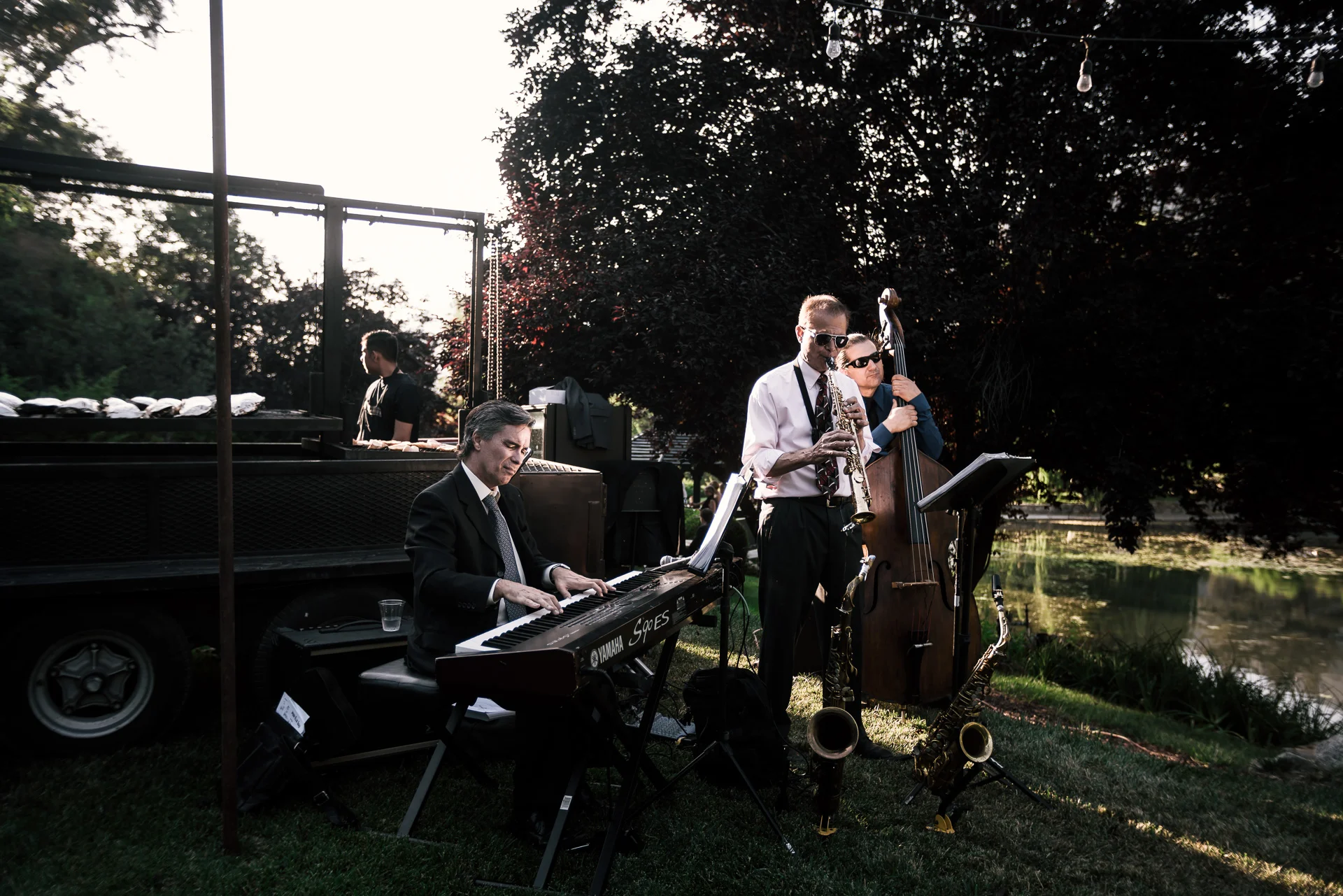live band plays during the reception at the secret garden located at the Historic Parish ranch in Oak Glen California