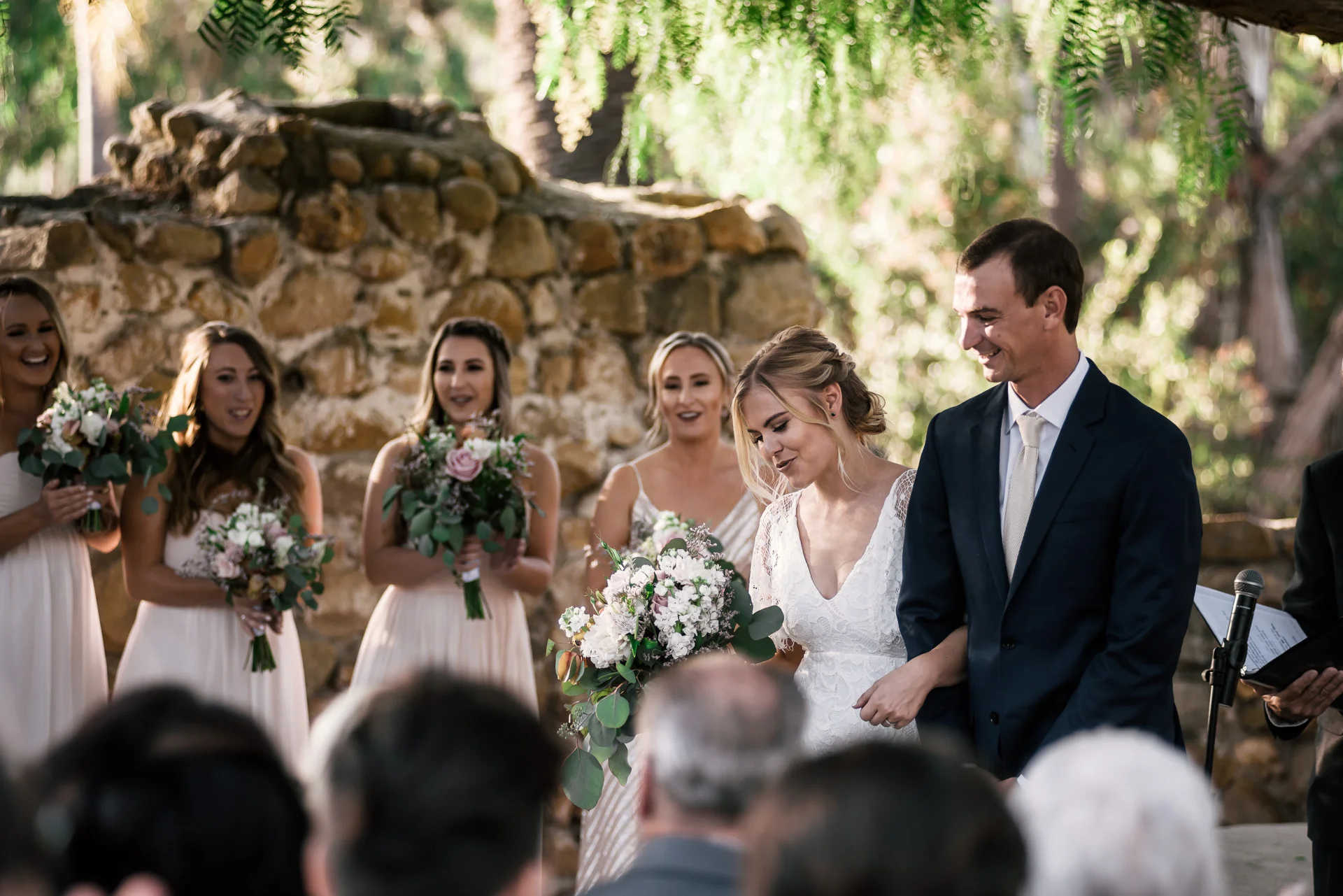 for the first time as man and wife captured by photographer during romantic wedding at the historic Leo Carrillo Ranch in Carlsbad California