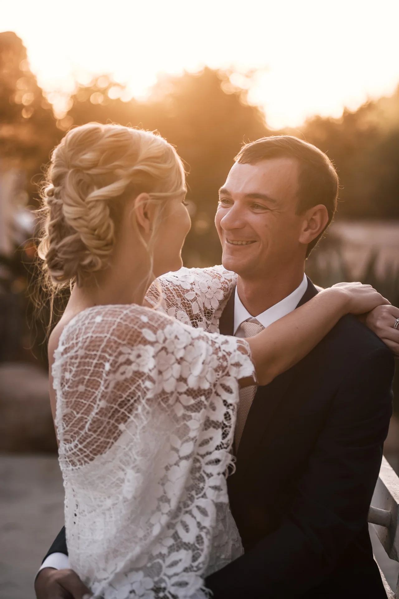 sunset romantic portrait of couple captured by photographer during romantic wedding at the historic Leo Carrillo Ranch in Carlsbad California