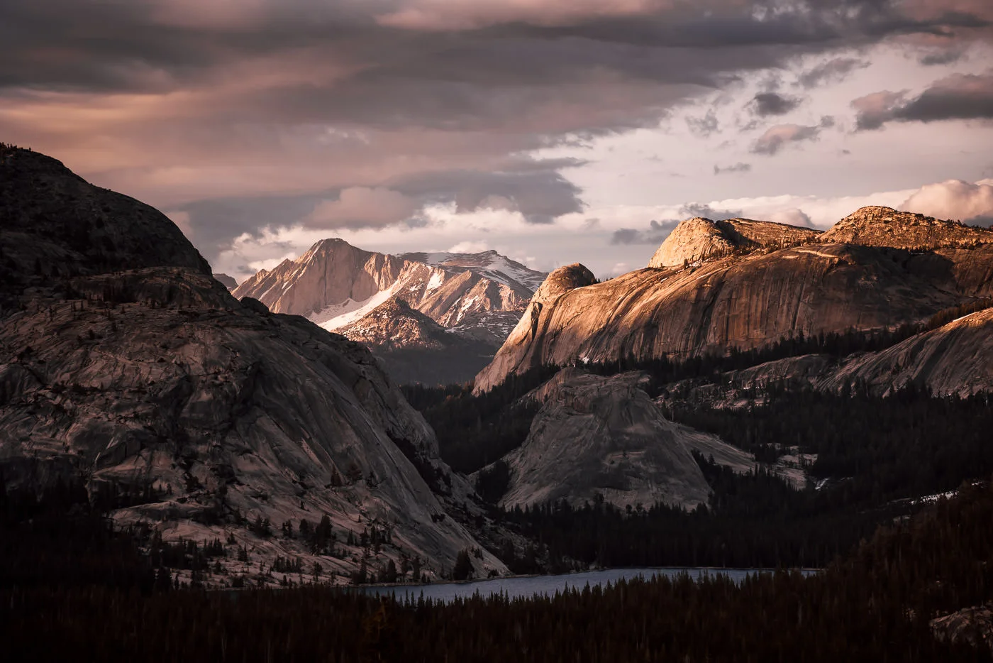 Sunset on the High Sierra with Tenaya Lake in the Foreground. Photographed from Olmsted Point in Yosemite National Park