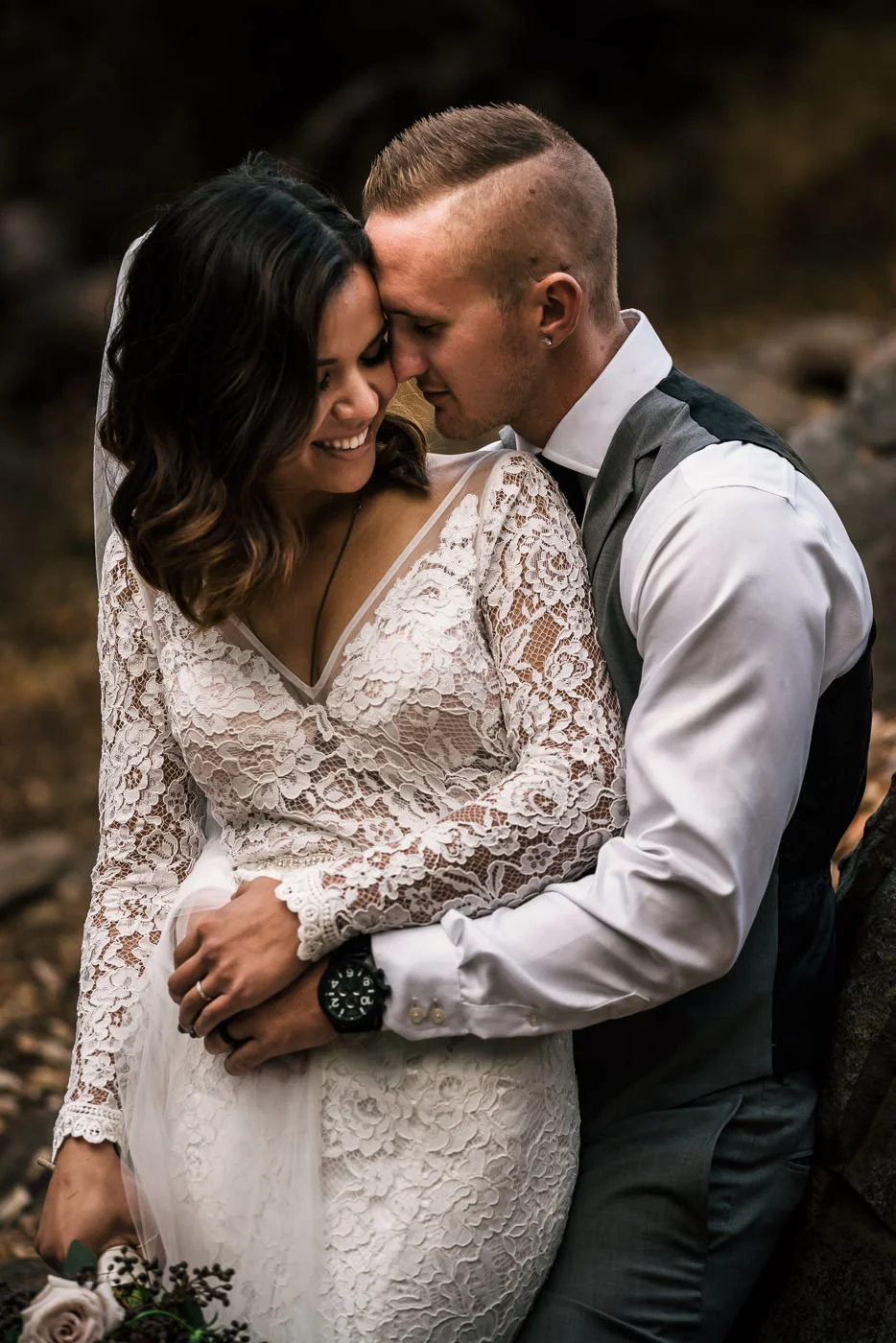 Bride and groom intimate portrait after beautiful elopement in winchester california