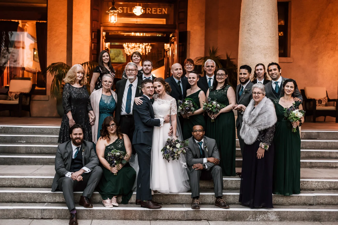 Group photo of all the bride and grooms closest friends and family.