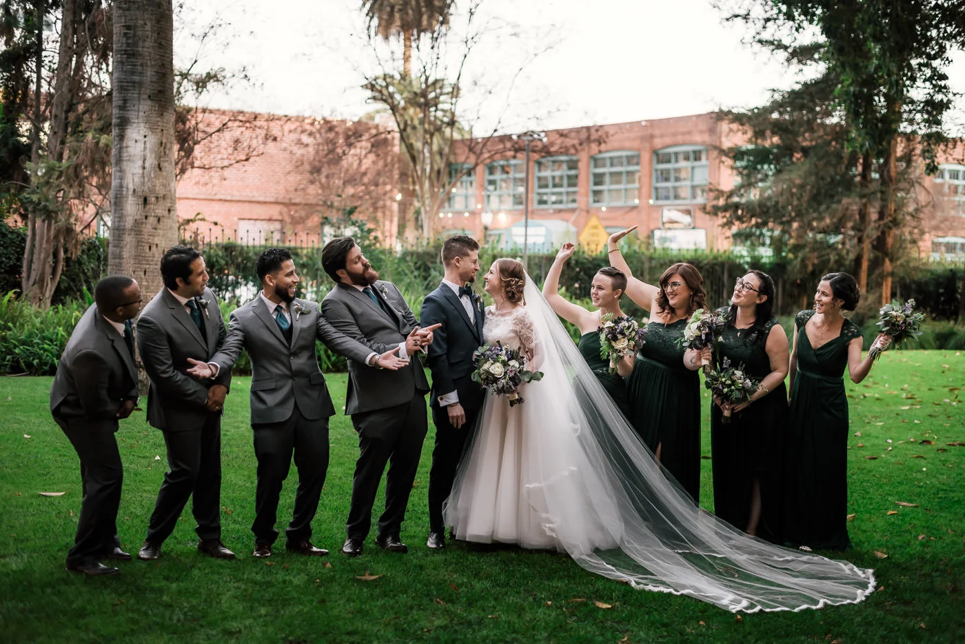 Bridal party celebrates the happy couples marriage.