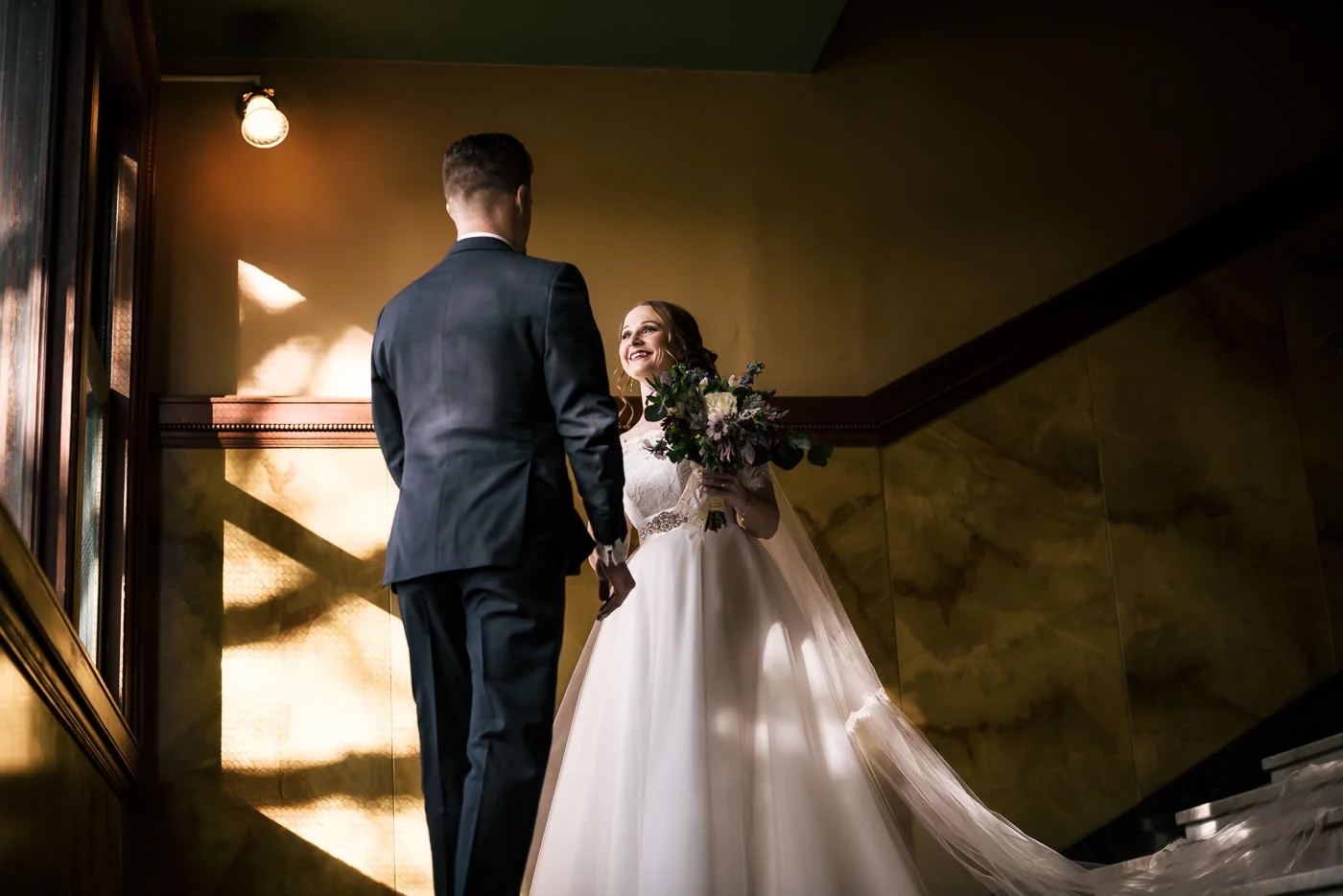 Bride and groom have their firt look at the historic Castle Green in Pasadena.