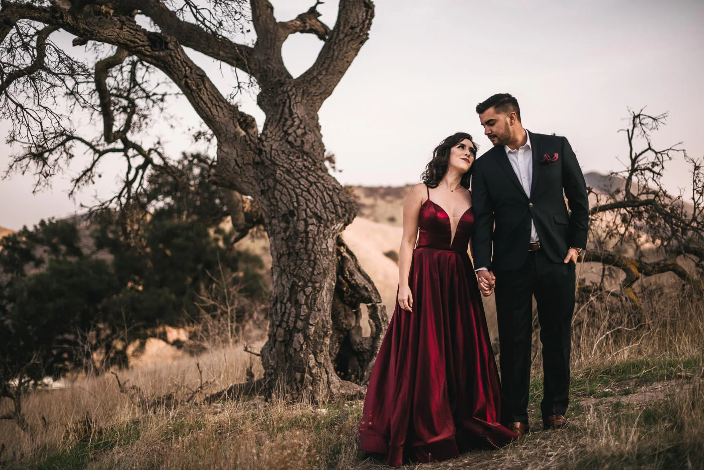 Bride looks at her future husband with love in her eyes in front of a dead tree in Malibu.