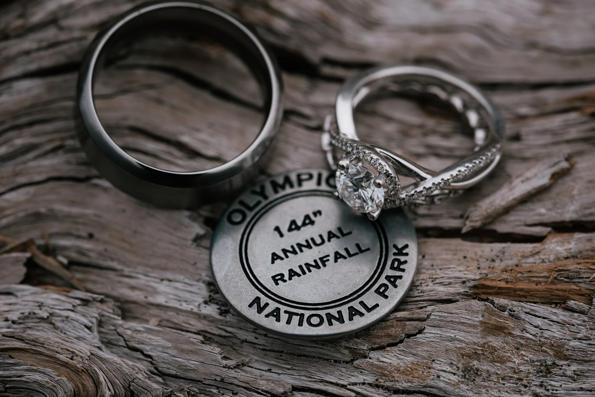 Couples diamond wedding rings with a national park coin from their elopement destination.