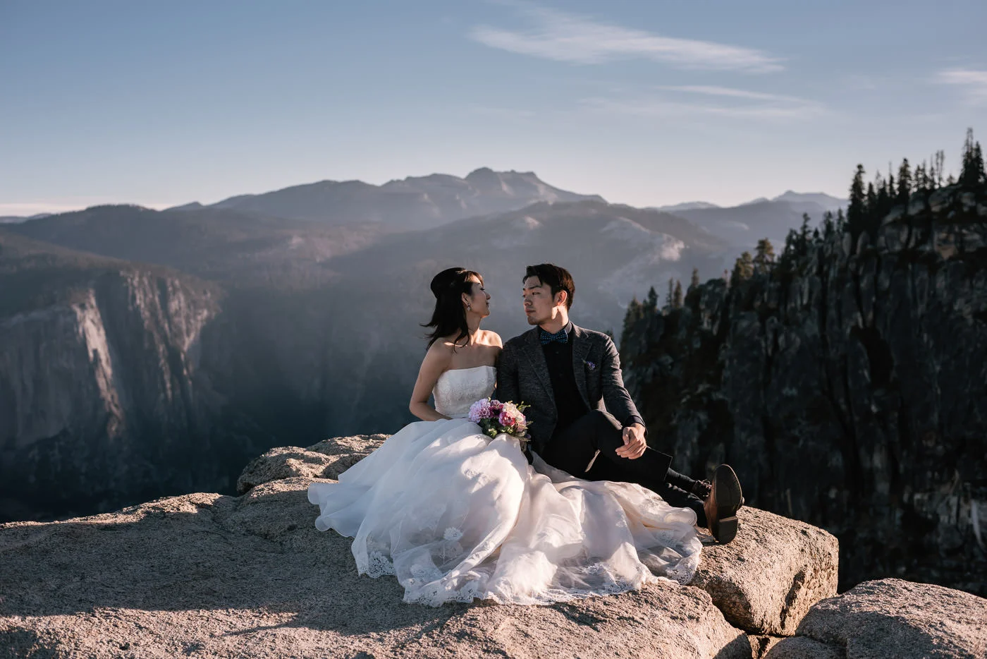 Couple stares lovingly into each other’s eyes during their national park elopement.