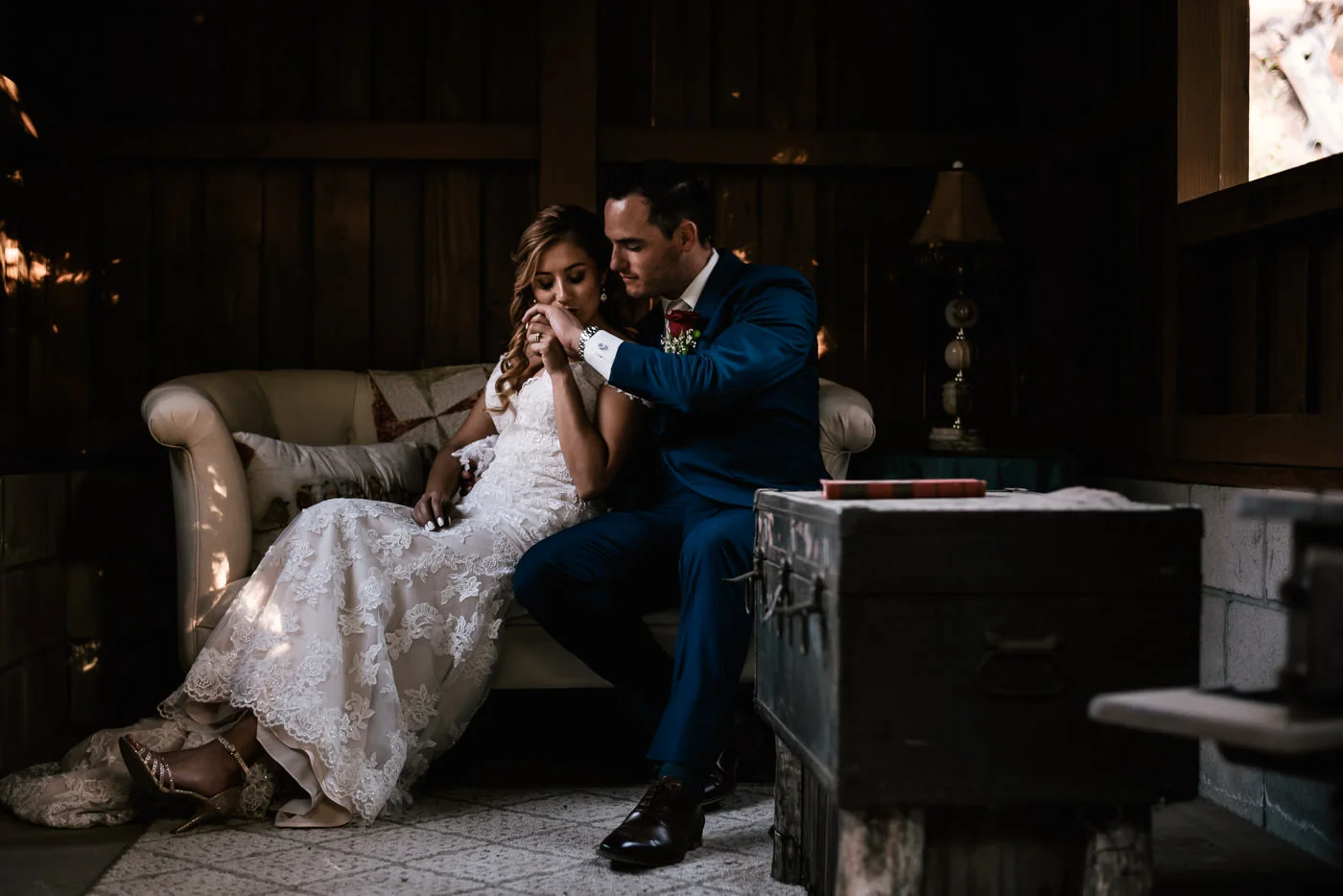 Romantic moment between a newly married couple captured at The Homestead.