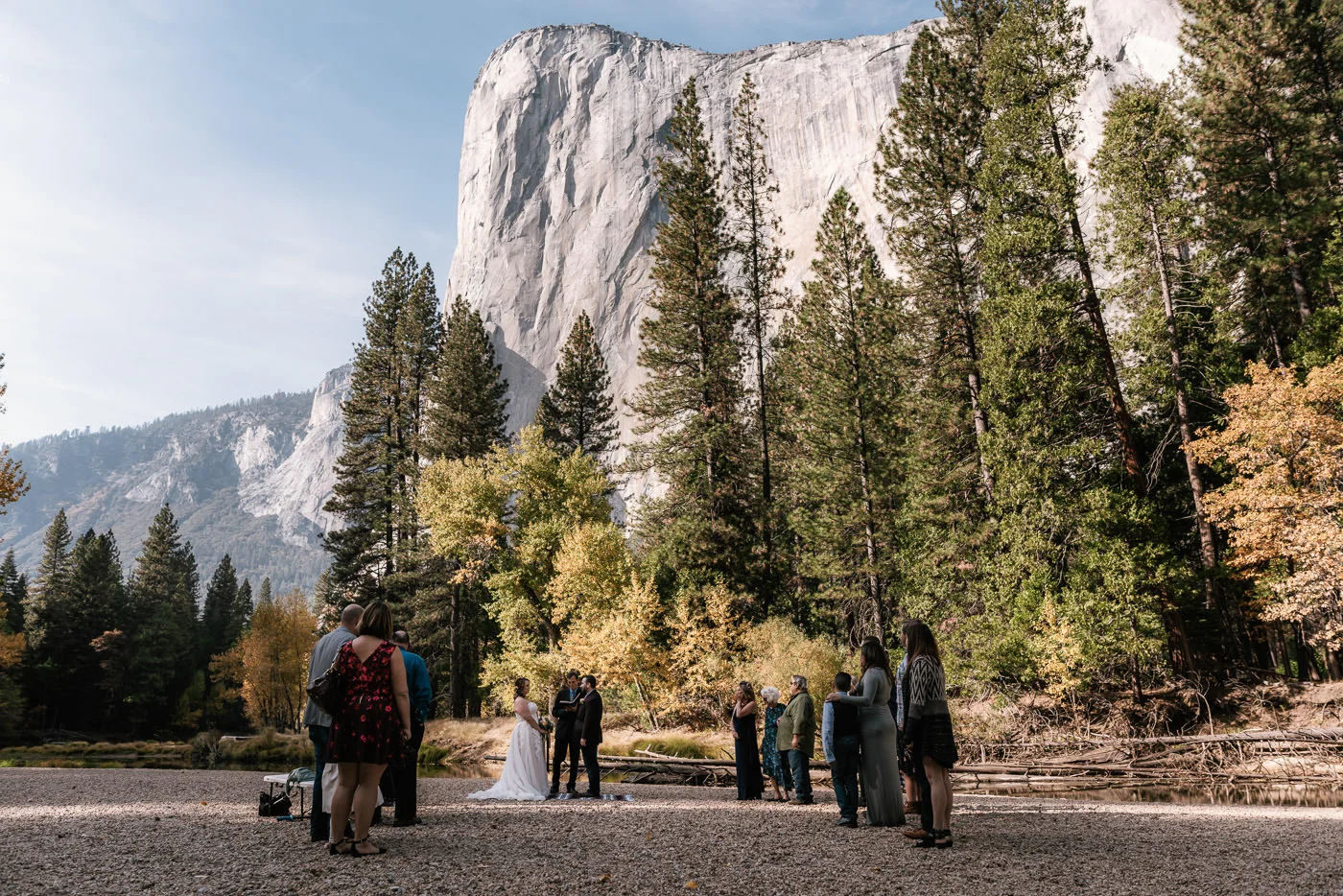 Fallen tree rests in the sand with El Capitan standing tall in the background at Cathedral Beach in Yosemite National Park.