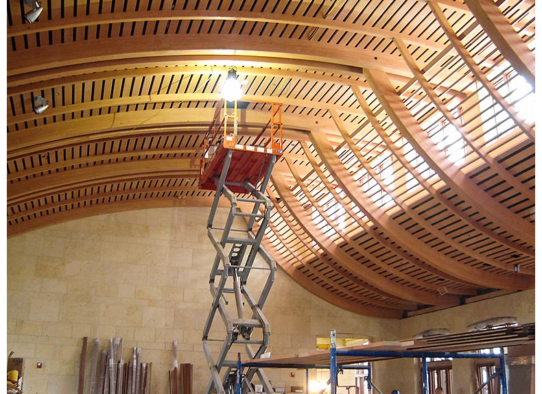 Curved wood slat ceiling