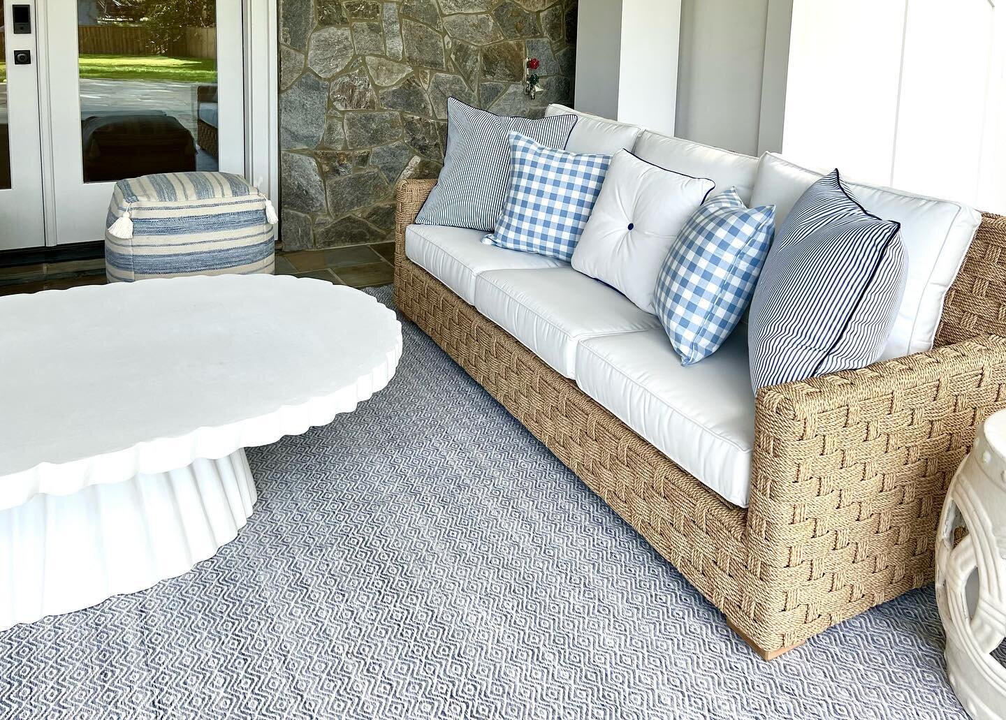 Little peek at an outdoor living space install this week! 💙🍂Fall is such a beautiful time of year to spend outdoors and we&rsquo;re thrilled this family has a welcoming spot to do just that. #lbwstudio #blueandwhite #outdoorspace #beautifulhouse #i