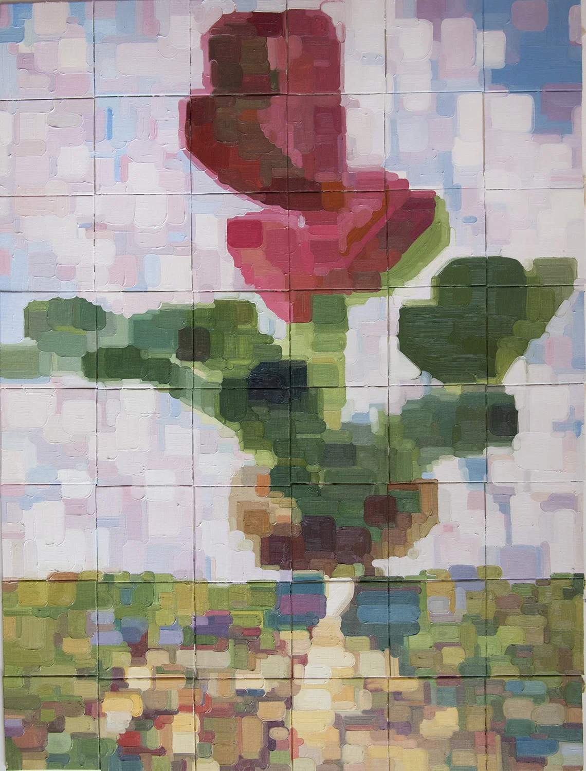 Series of works making use of digital photography, computer manipulation and painting to deconstruct existing images and scenes. The series explores how we search for and become aware of our need for meaning in what we view through pattern, ambiguous shape and color. Various sizes and media. The Promise Oil on canvas / 23.6 x 31.5 in. 48 panels, 10 x 10 cm.