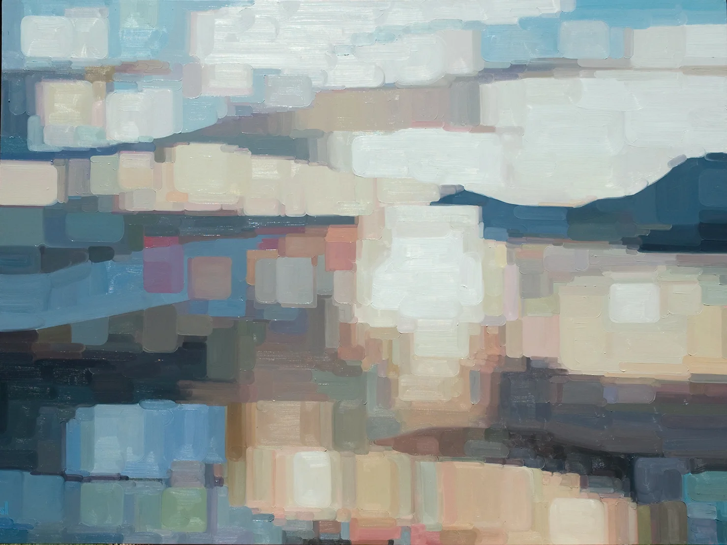 Series of works making use of digital photography, computer manipulation and painting to deconstruct existing images and scenes. The series explores how we search for and become aware of our need for meaning in what we view through pattern, ambiguous shape and color. KALAMALKA / 40 x 30 in. / oil on canvas Collection of Ryan & Teri Loxam