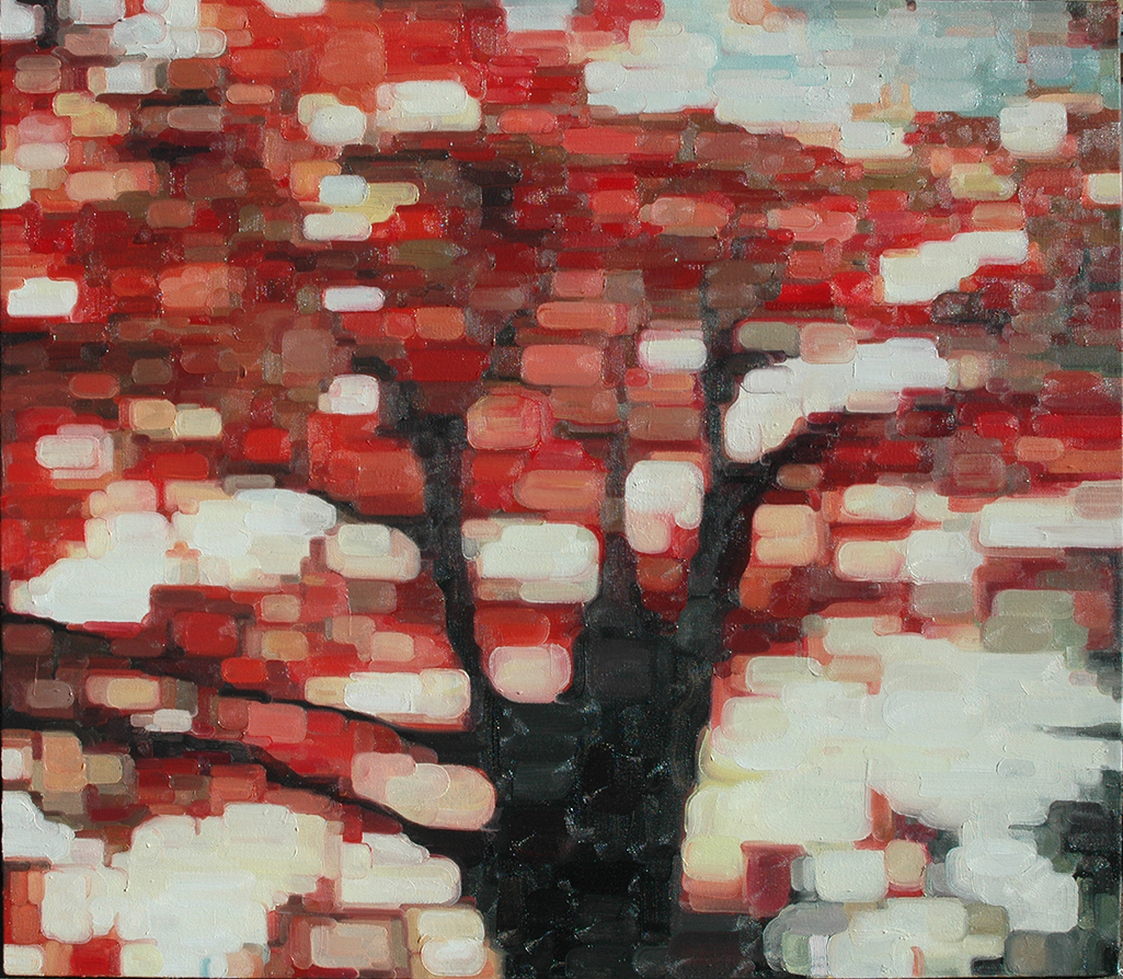 Series of works making use of digital photography, computer manipulation and painting to deconstruct existing images and scenes. The series explores how we search for and become aware of our need for meaning in what we view through pattern, ambiguous shape and color. Between the Leaves 36 x 30 in. / Oil on canvas Collection of Joe and Kaye Krum
