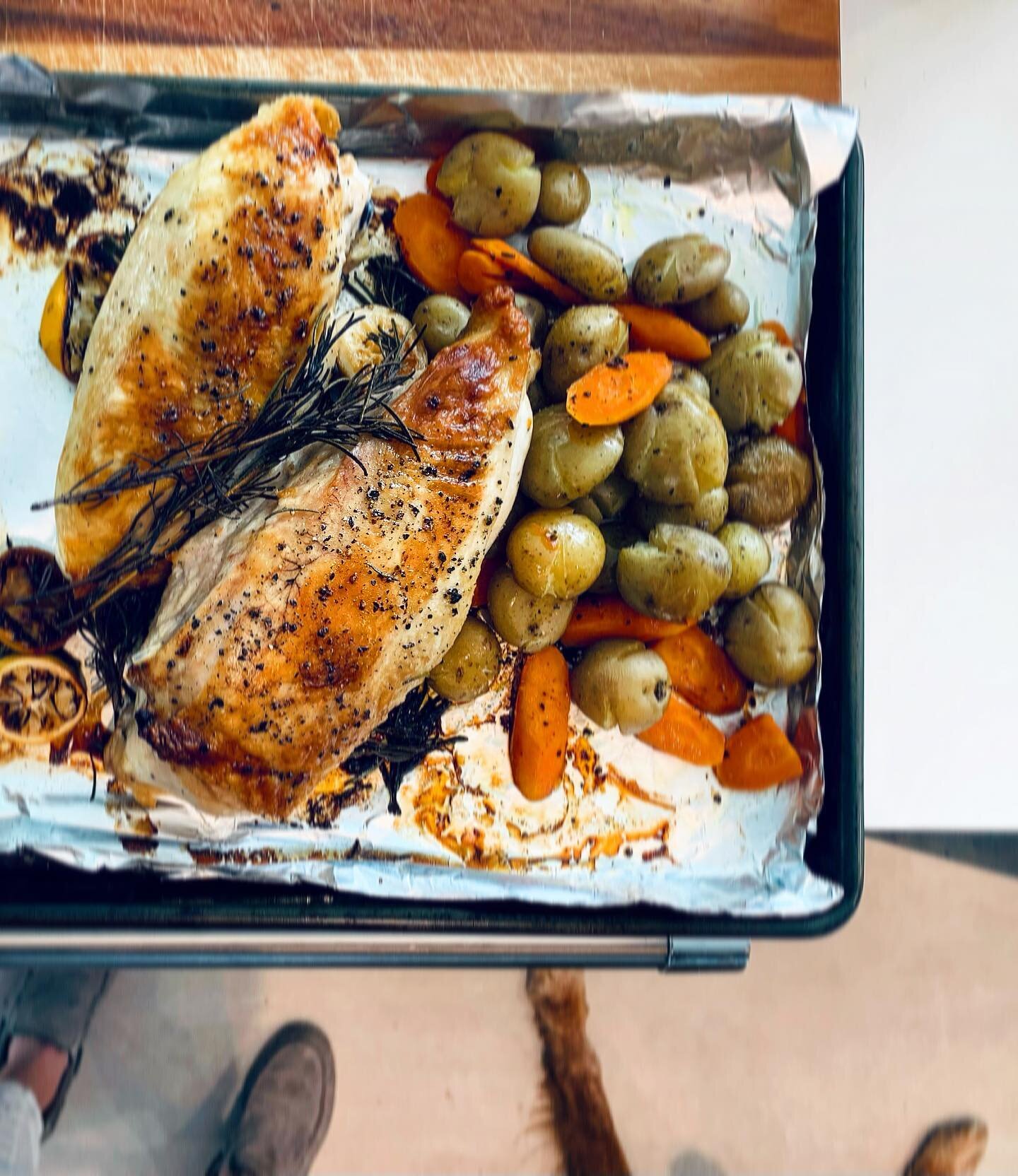 Does anyone else keep thinking today is Thursday? Ugh. 

🥔🥕🍗🌱🍋
Keeping this Wednesday dinner simple: roasted, chicken, potatoes, carrots, (not shown) haricot vert. 

P.S. Look at my &ldquo;work wife&rdquo; 🐾

#eatsimple #familydinner #wednesday