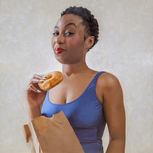 Runnin on Dunkin , 2018, Oil on linen, 24" x 24". Available at Bernay Fine Art