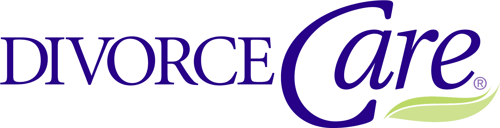 Divorce Care logo in purple with a green leaf design.