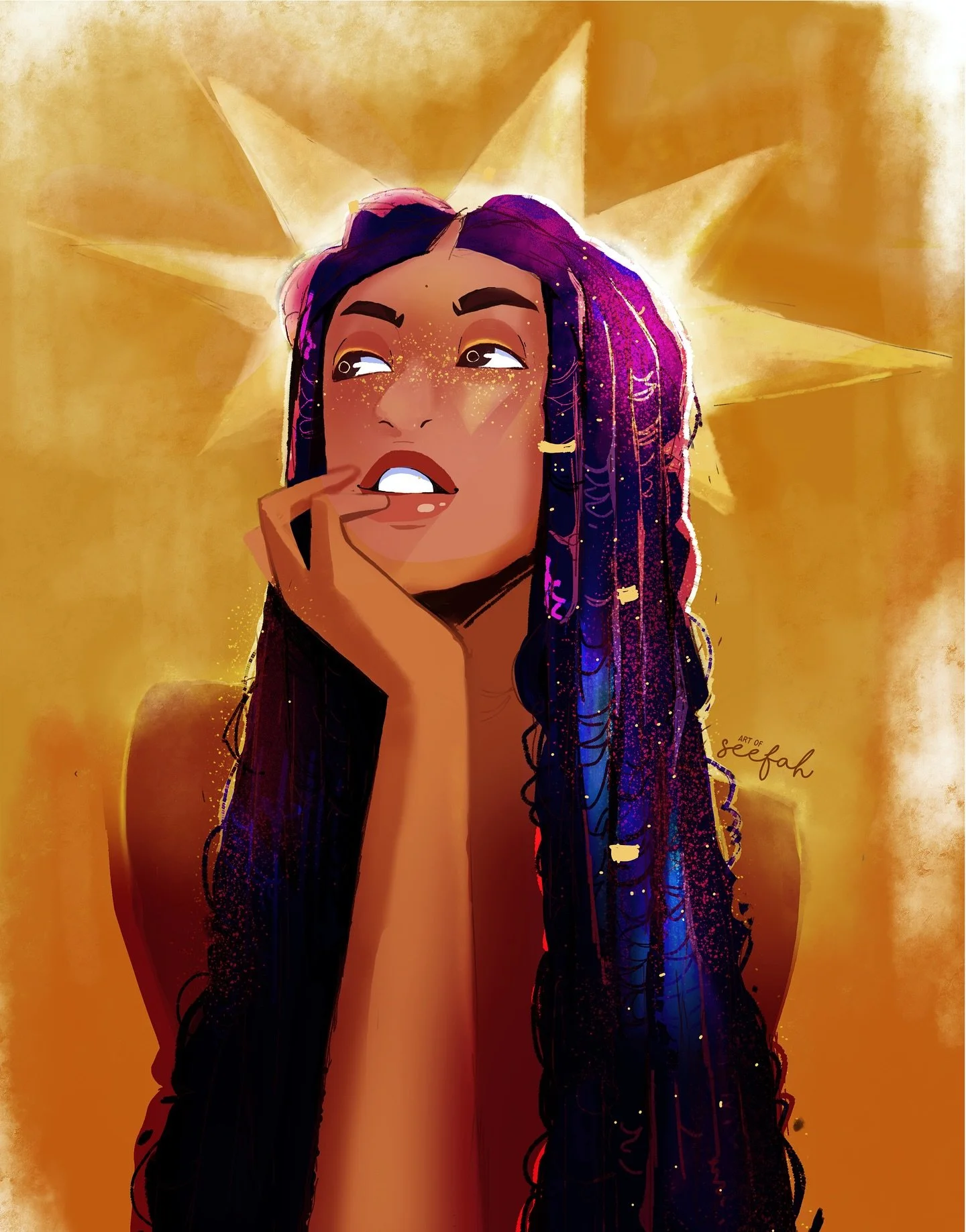 If sunlight had a daydream, it would look like this☀️✨
@art.of.seefah 
#digitalart #blackgirlmagjc #celestialvibes #afroart #artistsoninstagram #illustrationartists #artoftheday #sungoddess #fantasyart #WeWereStars