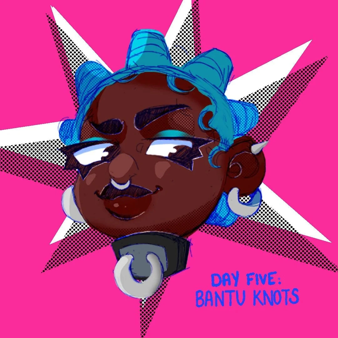 DAY 5: BANTU KNOTS
I don&rsquo;t care how many tutorials I watch, making this style happen is witchcraft
@art.of.seefah 
#characterdesign #art #artoftheday #artistoninstagram #blackgirlartist #blackhairstyles #washday #haircaretips #illustration #ske