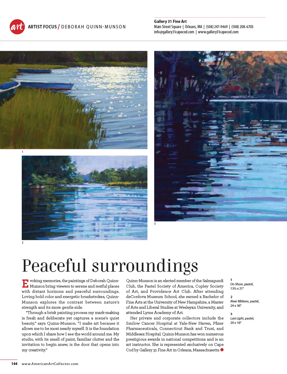 This is a page which appeared in The American Art Collector magazine in its June 2014 issue, focusing on the pastels of Deborah.