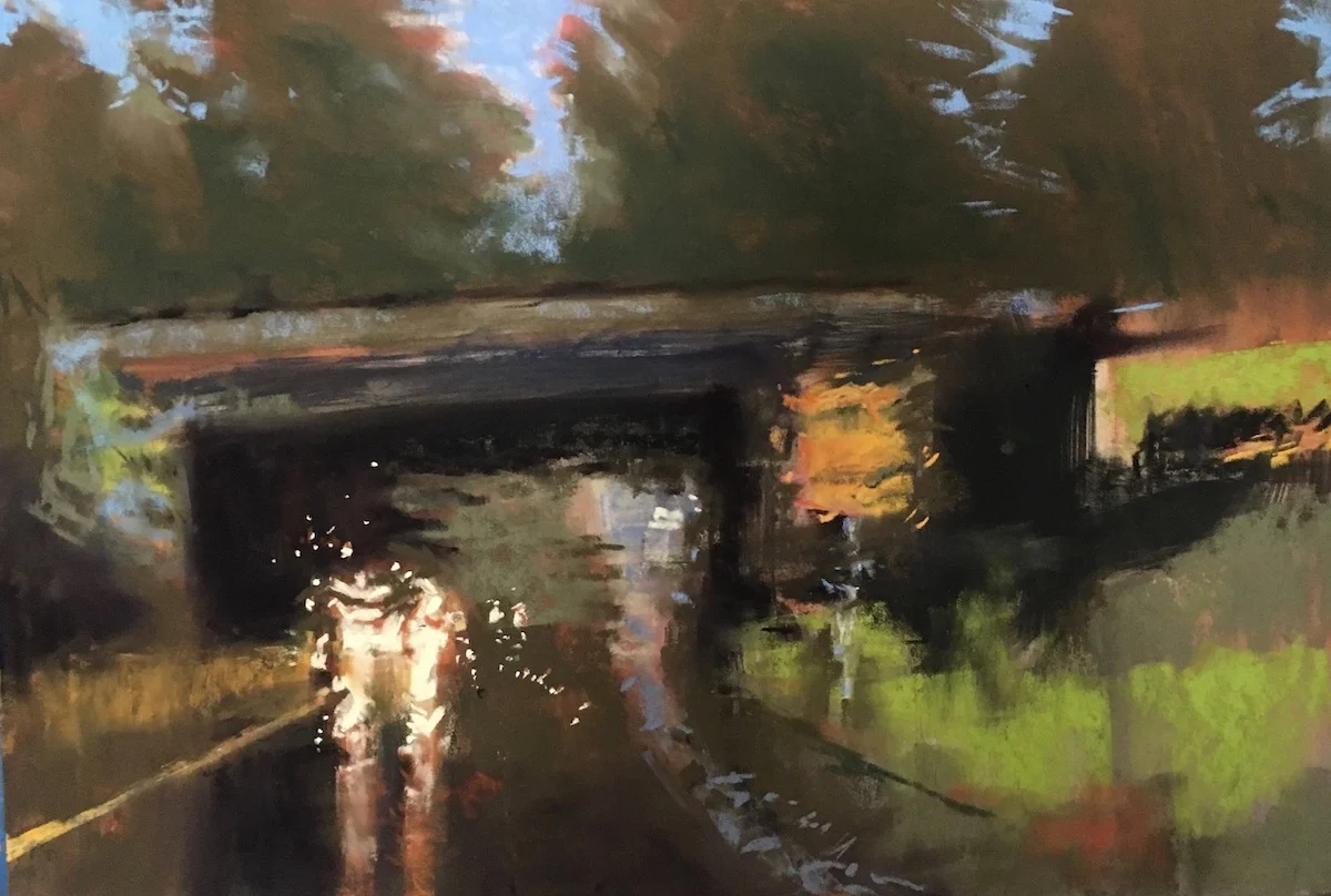 Caution, Flooding Under Bridge 12x18 Pastel by Janet Schwartz $850